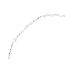 18ct white gold sapphire and diamond milgrain set necklace, oval cabochon cut sapphire surrounded by eight round brilliant cut diamonds and eight French cut sapphires, suspending from a diamond set leaf pendant, single round brilliant cut diamond and a larger old cut diamond, the chain set with six graduating cabochon cut sapphires, each surrounded by diamonds and spaced by a single diamond and a diamond set leaf, to a belcher link chain necklace, hallmarked, total sapphire weight approx 27.00 carat, total diamond weight approx 7.50 carat