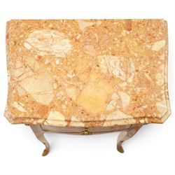 Pair of French inlaid kingwood marquetry bedsides, the shaped marble top over two drawers flanked by gilt metal rocaille mounts, raised on tapering cabriole supports