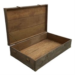 Large 19th century wooden touring trunk, wrought metal bound with carrying handles and locks