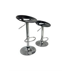 Pair modern bar stools, black height adjustable circular seat on mirrored stand