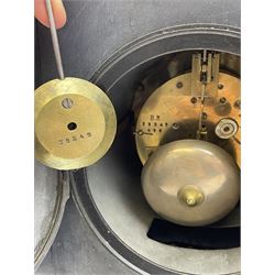 Victorian black slate cased mantel clock, with rouge marble, engraved and gilt decoration, circular dial with Roman chapter ring, twin train eight day movement with brocot escapement, striking the hours and halves on bell, the movement back plate stamped 'B.R 39549 498'