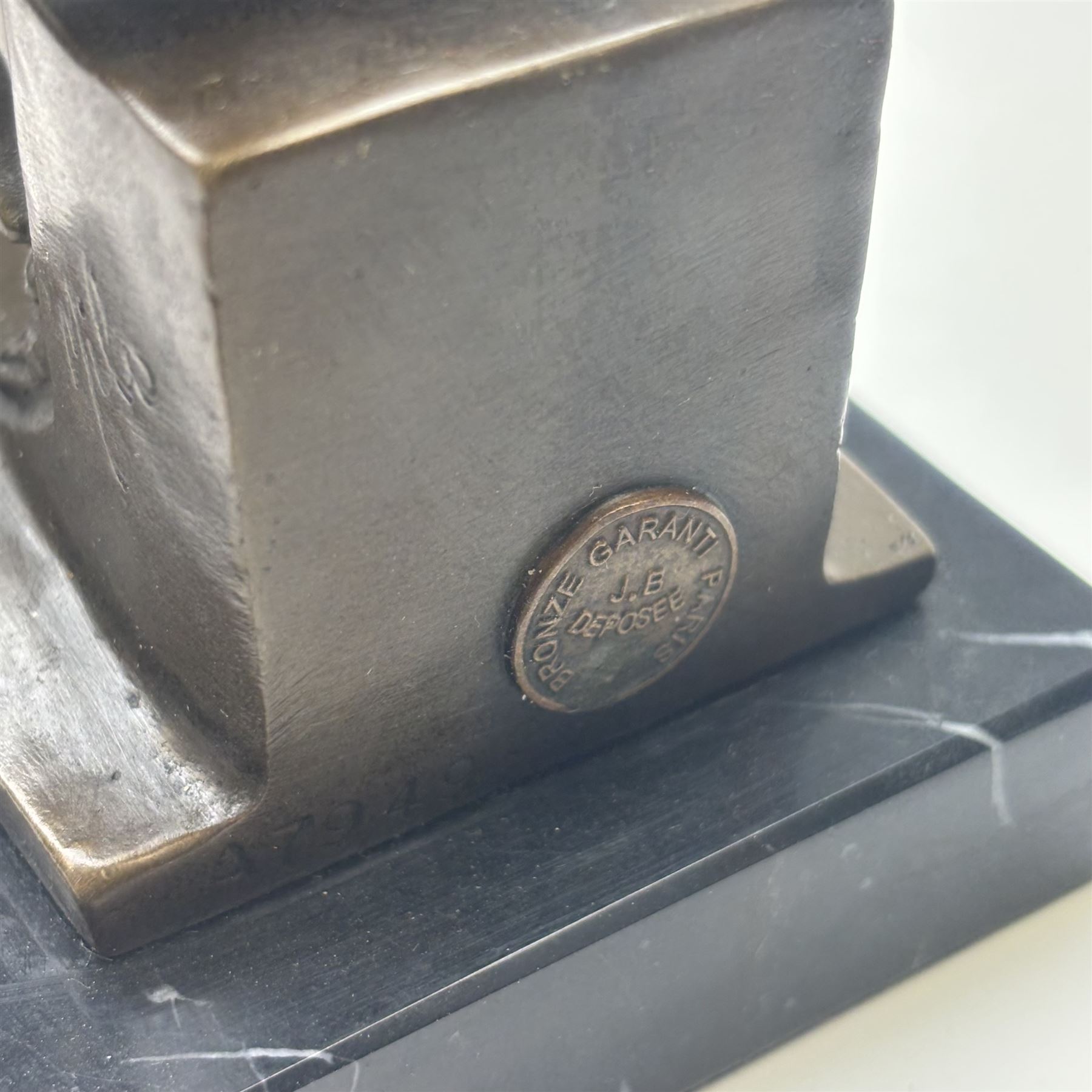 Bronze figure of skeleton modelled as The Thinker, on black marble base, signed and with foundry mark, H14cm