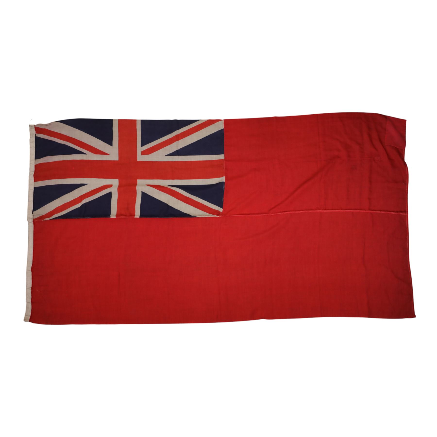 Four large linen ship's flags, including Red Ensign, Union Jack, White Ensign and one other, Red Ensign H140cm,W260cm