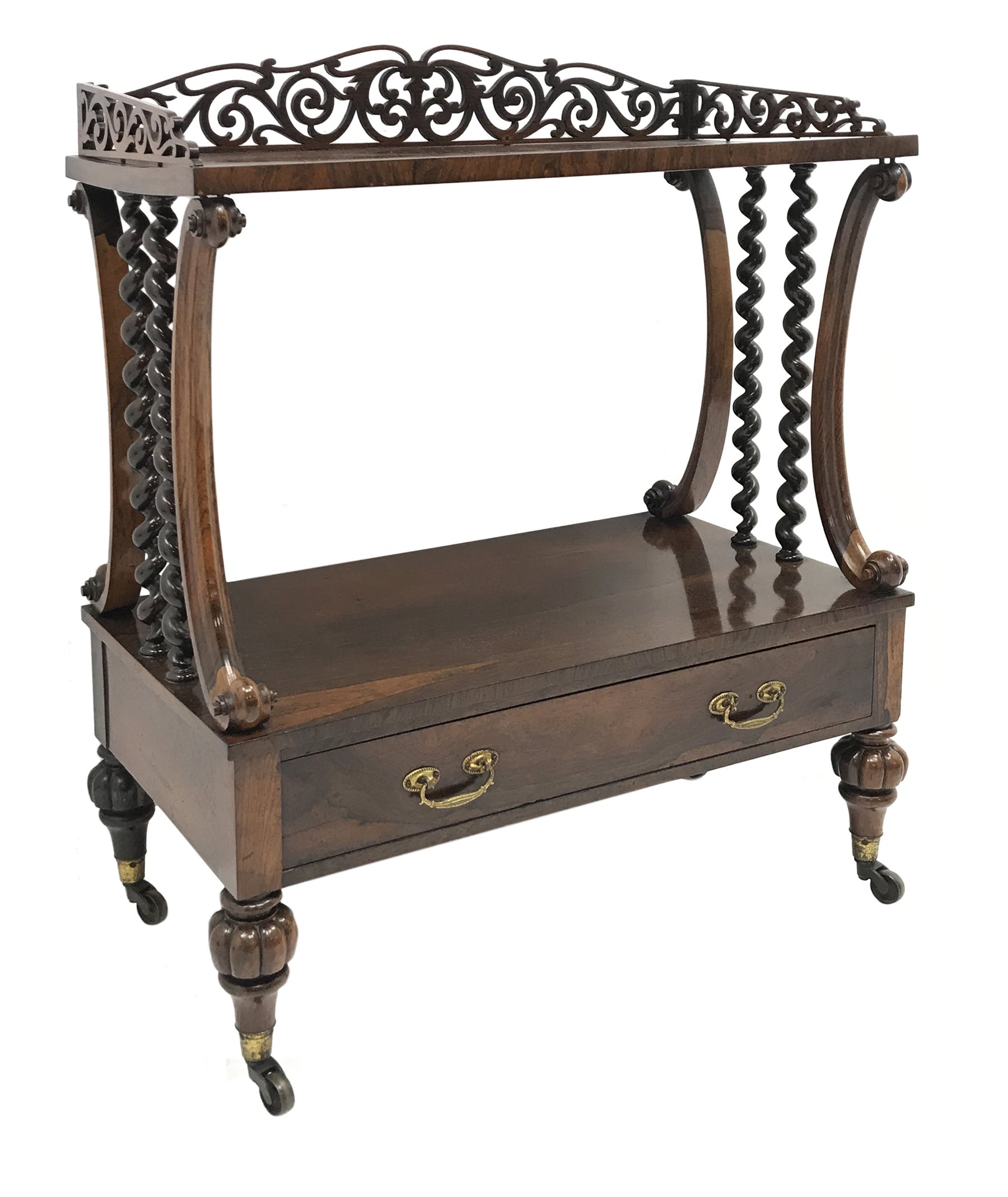 Victorian rosewood two tier etagere, scroll fretwork gallery back, carved elongated c scroll supports with scrolled terminals and barley twist supports, single drawer to base, turned and lobe carved feet with brass cups and castors, W77cm, H94cm, D36cm