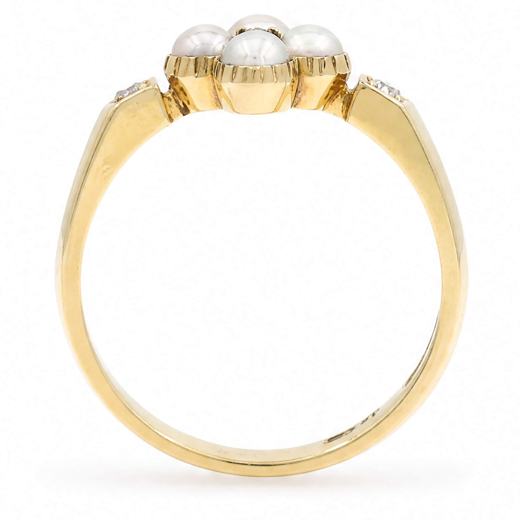 19th/ early 20th century gold pearl and diamond flower head cluster ring, single old cut diamond surrounded by four grey pearls, with a diamond set either side, by Cornelius Desormeaux Sanders & James Francis Hollings Shepherd, stamped 18ct