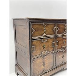 18th century and later oak chest, fitted with four drawers, the drawers with applied geometric mouldings, on bracket feet