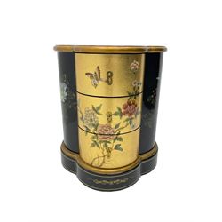 Black and gold lacquered Chinese design three drawer chest, painted with bird and floral scenes
