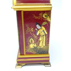  Small 18th century style red chinoiserie parcel gilt arched top bracket clock, brass dial signed Elliott London, Carmichaels Hull, Tempus Fugit, with brass handle and bracket feet, H21cm  