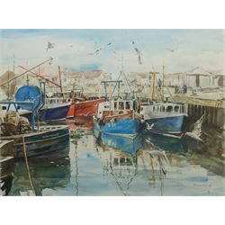Fraser King (British 1969-): Harbour Scene with Seagulls, watercolour signed 54cm x 72cm