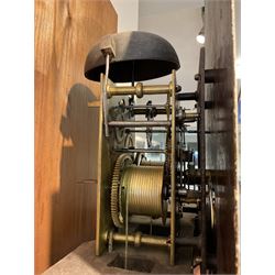 John Sculcoates Branson of Hull - Oak cased 8-day longcase clock c1790, with an inlaid perogda pediment and three ball and spire finials, breakarch hood door beneath flanked by reeded pilasters and brass capitals, long trunk with conforming door on a rectangular plinth raised on a base with bracket feet, early painted dial with raised gesso spandrels, swag cartouche and makers name to the arch, with pierced steel hands, Roman numerals,five minute arabics, seconds dial and calendar aperture, dial pinned via a false plate to a rack striking movement with a recoil anchor escapement. With weights, pendulum and key.