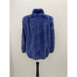 Modern cut lightweight skins lavender blue mink jacket, approx size 10 to 14, with elasticated cuffs, stand up small collar, black satin style lining, zip fastener, perfect condition as new, top class mink.
