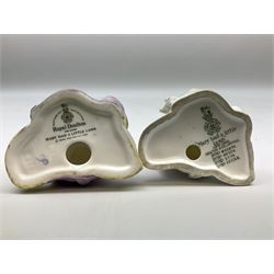 Seven Royal Doulton figures from the Nursery Rhymes Collection comprising, Tom Tom, the piper's son HN3032, Little Jack Horner HN3034, Wee Willie Winkie HN3031, Polly, put the kettle on HN3021, Little Bo-peep HN3030, Little Boy Blue HN3035, Little Miss Muffet HN2727, together with two Royal Doulton Mary had a little lamb figures HN2048 and COPR1948, all with printed marks beneath  