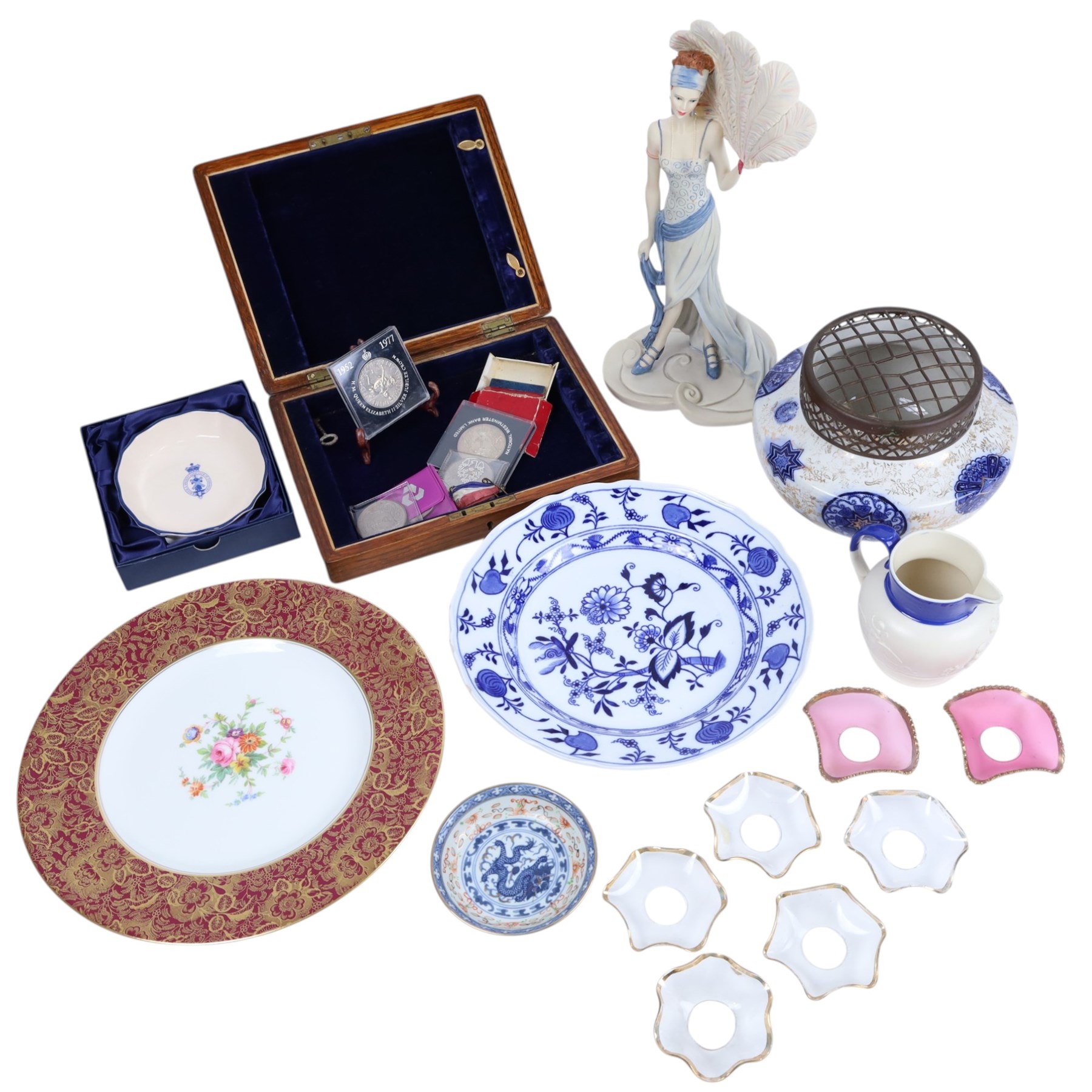 Coalport Roaring Twenties figure 'Sadie', boxed, Minton Brocade plate, wooden box with key, commemorative coins and other collectables