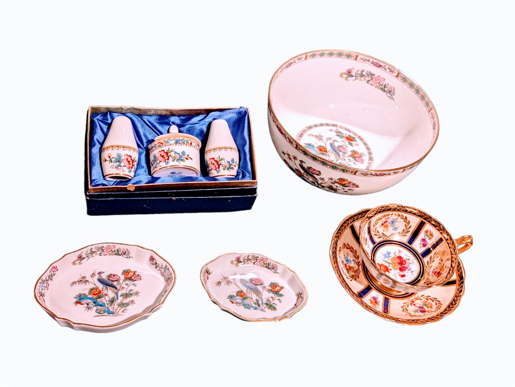 Paragon teacup and saucer, Wedgewood Kutani rose items and a Coalport Ming Rose cruet set