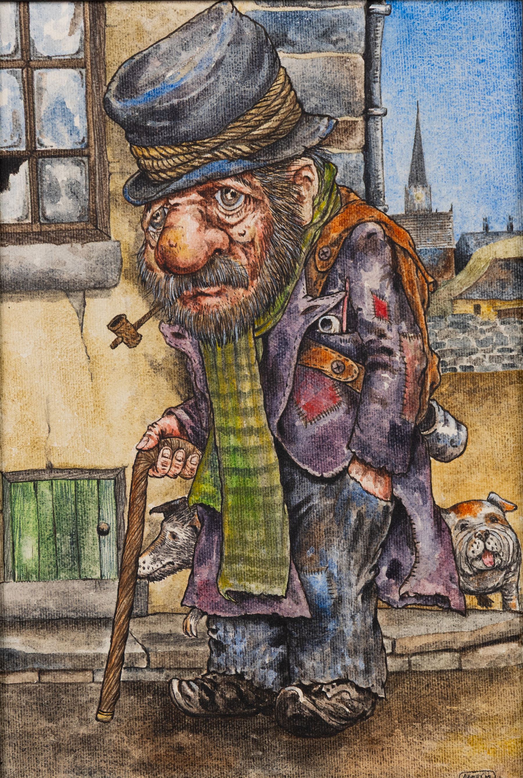 Terry Durham (British 1936-2013): 'The Marionette - He Is Free', acrylic on canvas signed titled and dated '02, Man with Pipe and Two Dogs, watercolour on canvas laid onto board signed, and 'Tinker - Tailor', collection of eight prints unsigned max 60cm x 50cm (11) (mostly unframed)