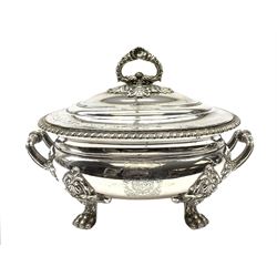 Matthew Boulton silver plated tureen and cover, the body of oval form with twin handles engraved with crest, probably for Whitgreave/Whitgrave family of Moseley Staffordshire, 'Regem Defendere Victum', (To defend the king even in his defeat/To defend the conquered king ), upon four paw feet, the cover with gadrooned rim and foliate loop handle 