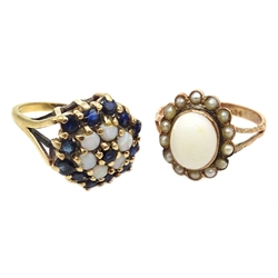  Gold opal and sapphire cluster ring hallmarked 9ct and a rose gold rim set opal and seed pearl cluster ring, stamped 9ct  