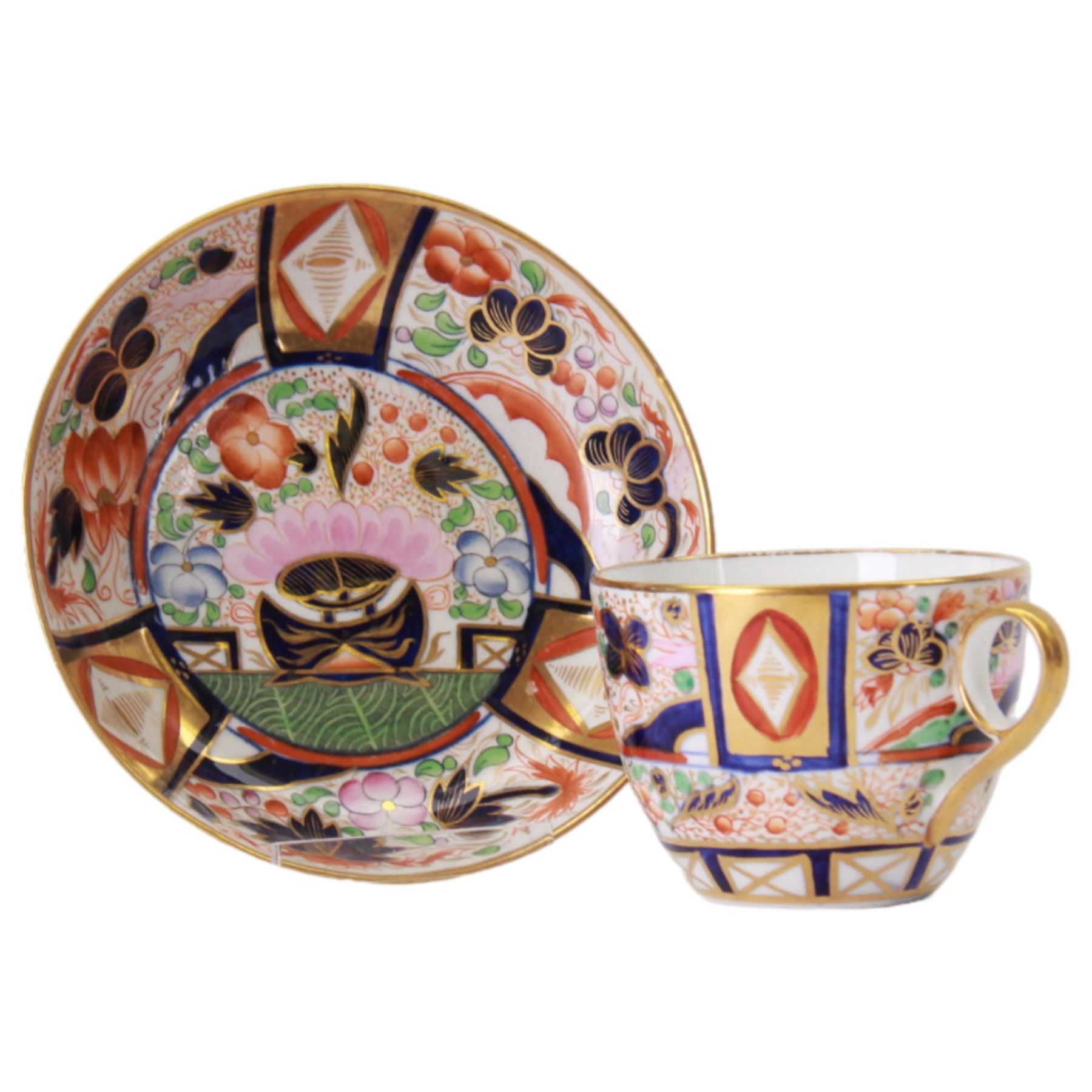 Five 19th century Imari palette tea cups and saucers, comprising Chamberlain Worcester example decorated in the 240 Japan or Nelson pattern circa 1810, Worcester Flight, Barr & Barr example circa 1820, Spode 1220 pattern circa 1805, and further pair, probably Coalport, each cup approximately H6cm D8cm, saucer D14cm
