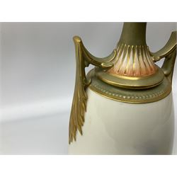 Early 20th century Royal Worcester vase decorated by Harry Davis, of ovoid form with twin acanthus mounted handles and waisted high neck supporting a domed cover, upon a circular foot, the body hand painted with sheep in a highland landscape, signed H Davis, with puce printed marks beneath including shape number 2425, and date code for 1907, H27.5cm