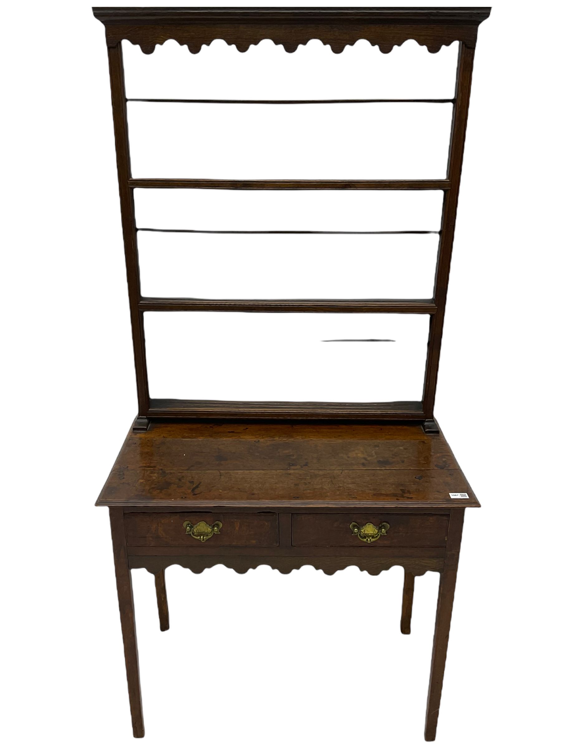 Georgian oak lowboy side table, fitted with two drawers, with plate rack