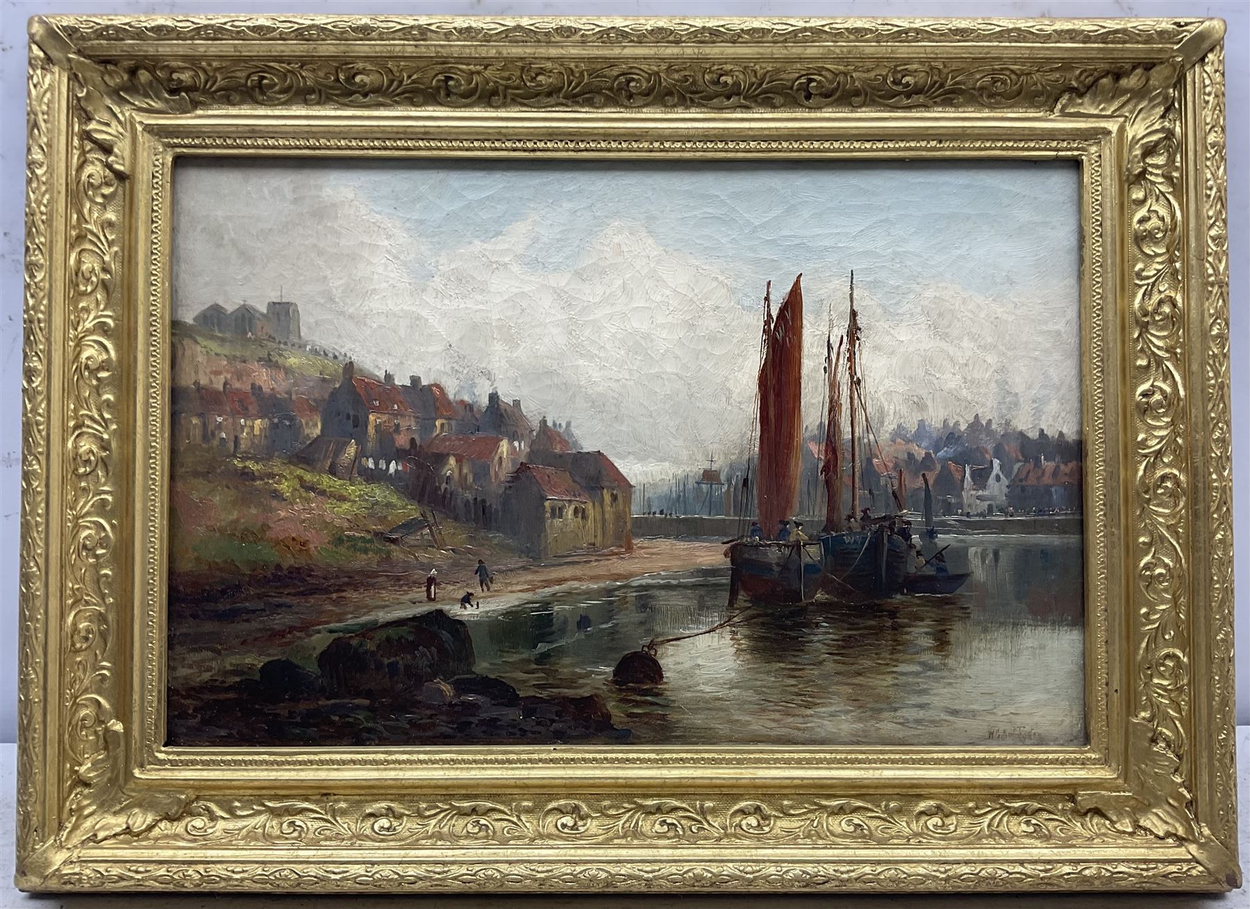 William Gilbert Foster (Staithes Group 1855-1906): Boats Moored at Tate Hill Pier Whitby, oil on canvas signed 29cm x 45cm