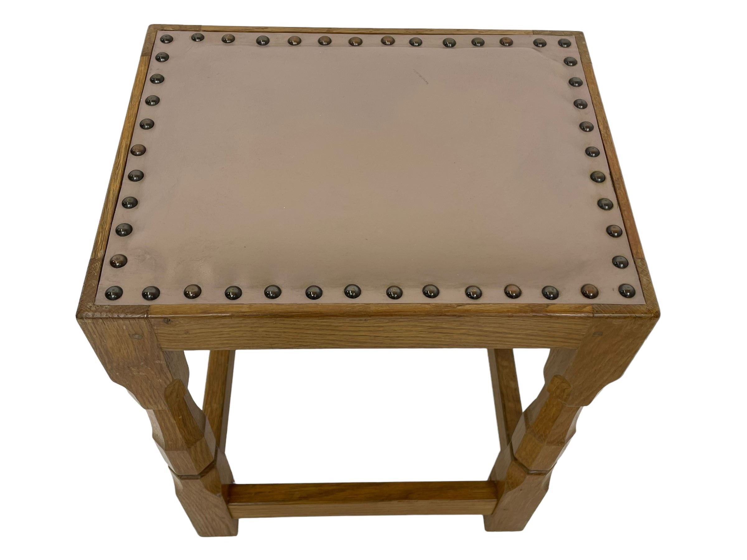 Brian Haw (former Mouseman carver) Yorkshire oak stool, pale leather upholstered seat with