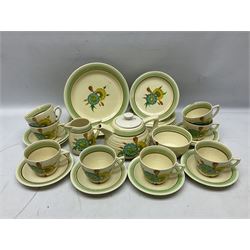 Wilkinson Clarice Cliff honeydew pattern tea service for eight, comprising teapot, milk jug, open sucrier, teacup and saucers, dessert plates and two side plates (29)