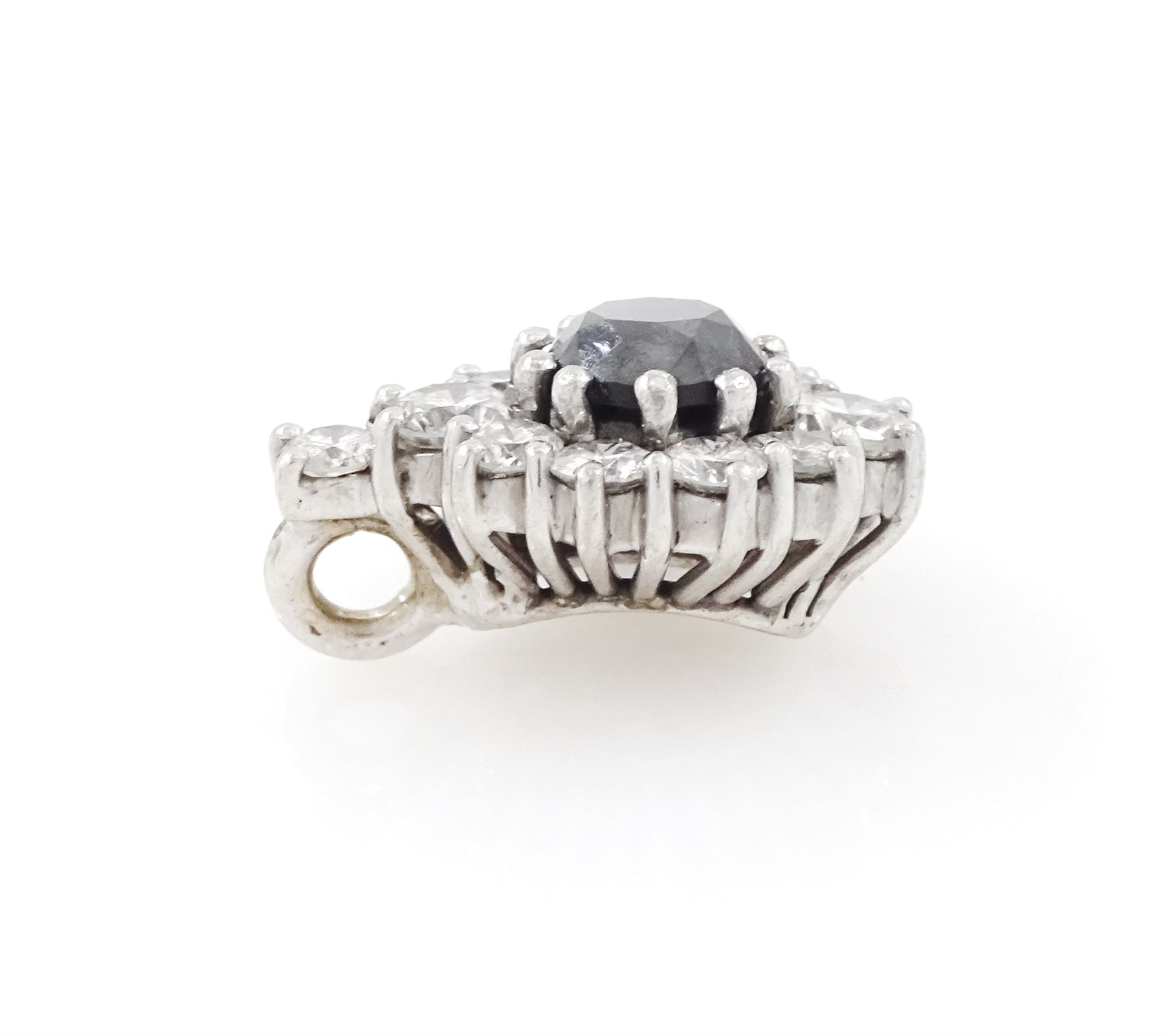 18ct white gold diamond pendant, single round brilliant cut black diamond of approx 0.90 carat, surrounded by ten round brilliant cut white diamonds, the bail set with a further diamond, total white diamond weight approx 0.80 carat