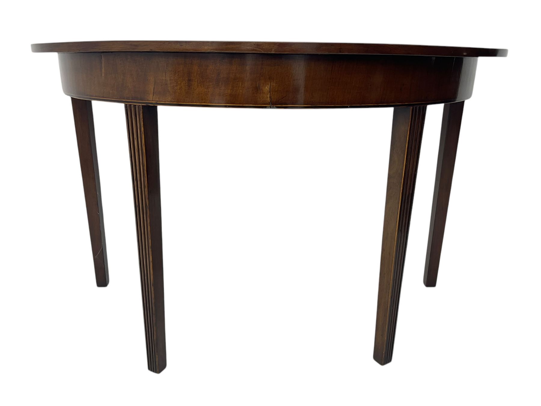19th century mahogany demi-lune side table, semi-circular top with boxwood string inlay, raised on tapered and fluted supports
