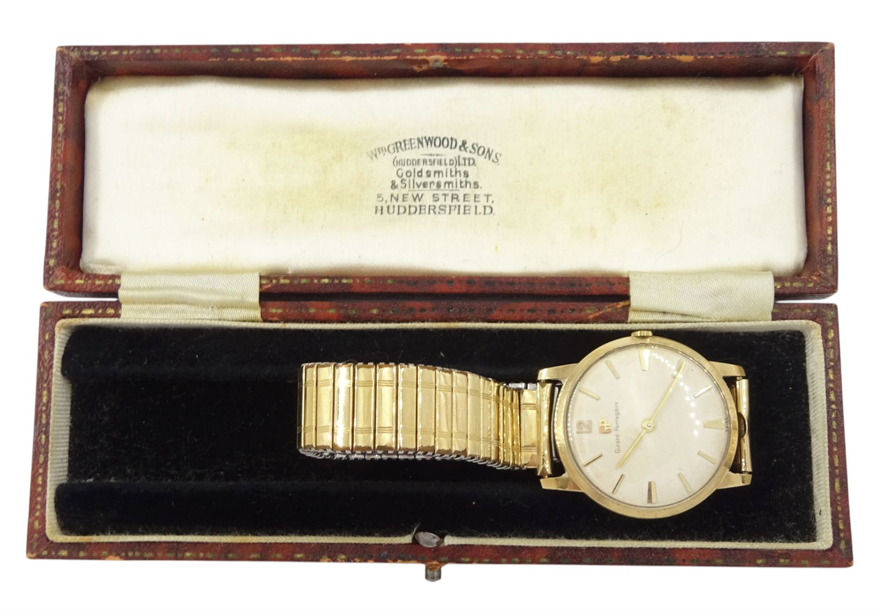Girard-Perregaux gentleman's 9ct gold manual wind wristwatch, cream dial with baton hour markers, Birmingham 1960, on expanding gilt strap