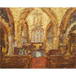 Barry De More (Yorkshire 1948-2023): 'Church Interior', oil and impasto on board signed an...