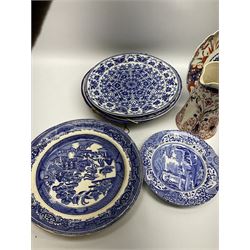 Assorted ceramics, to include two Imari plates, and other Victorian and later examples, including Royal Crown Derby Imari vase, Masons jug, and thee Spode blue and white Italian pattern plates, with black printed marks beneath, in one box 