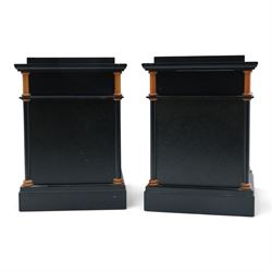 Pair of Art Deco design burr walnut and ebonised bedside cabinets, rectangular inset tops with raised rear galleries, each fitted with a drawer above a cupboard, flanked by cylindrical columns, on plinth bases