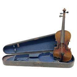 Late 19th century French three-quarter size 'Conservatory' violin with 34cm two-piece maple back and ribs and spruce top, the peg box inscribed 'Conservatory Violin Straduari', bears label 'Antonius Stradiuarius Cremonensis Faciebat Anno 1721' L55.5cm overall; in ebonised wooden 'coffin' case
