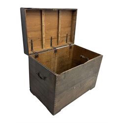 Early 20th century oak blanket chest, of rectangular form with iron strap hinges and surface-mounted drop handles, the interior fitted with iron lid stays, on bracket feet