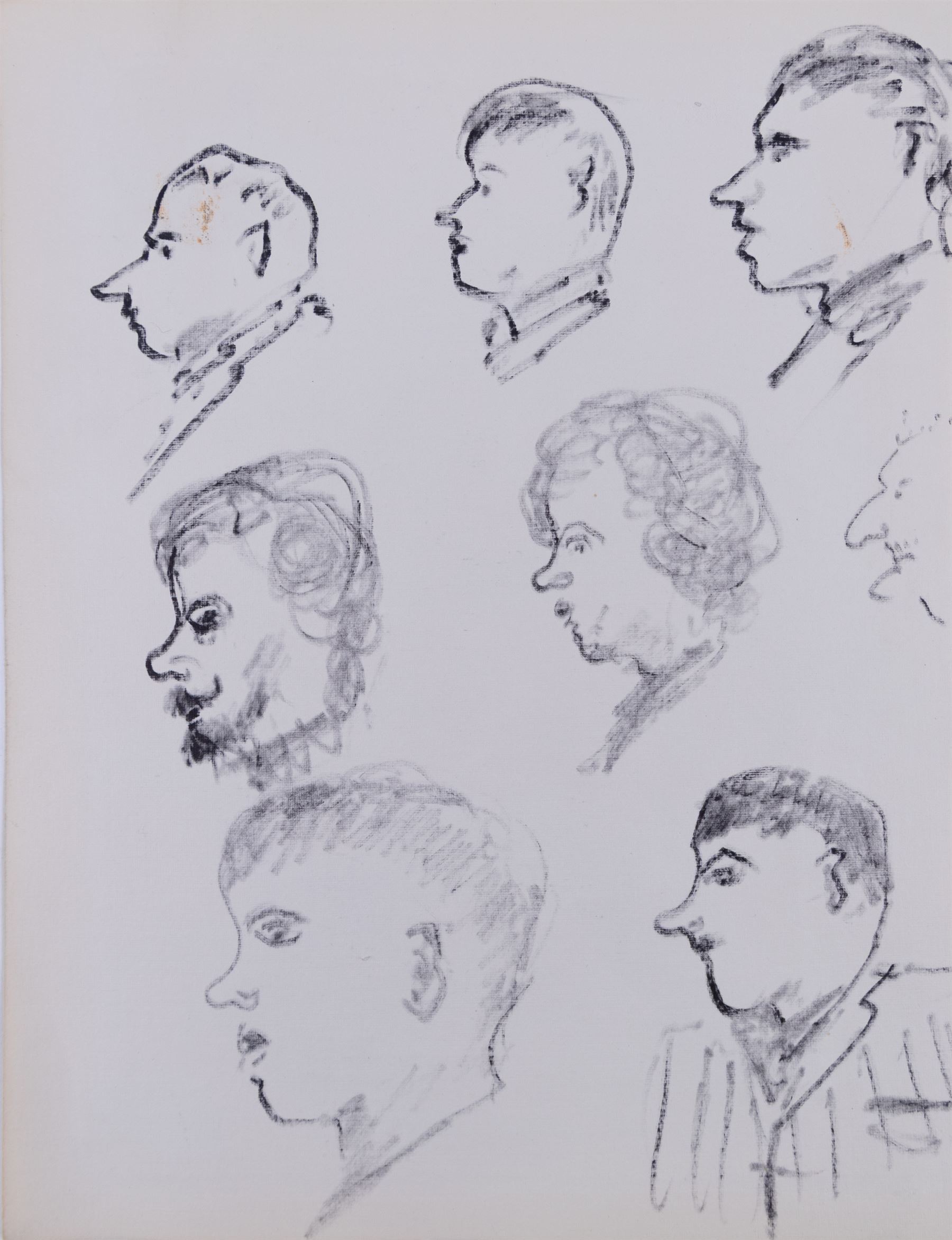 Jack Rigg (British  1927-2023): Whitby Fish Quay Portraits and Yorkshire Cobles - Filey and Whitby, two pen and ink sketches variously inscribed and dated, 25cm x 20cm and 11.5cm x 25cm (2) (unframed)