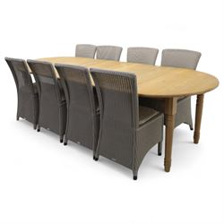 Neptune – Sheldrake limed oak extendable dining table and eight Havan loom chairs, the oval top in limed oak finish with four additional leaves extending the table to seat up to ten (Extends to cm), raised on turned legs with two additional centre supports, the matching Havan loom chairs finished in grey with cream upholstered seat covers (H 95cm, W 47cm, D 55cm)