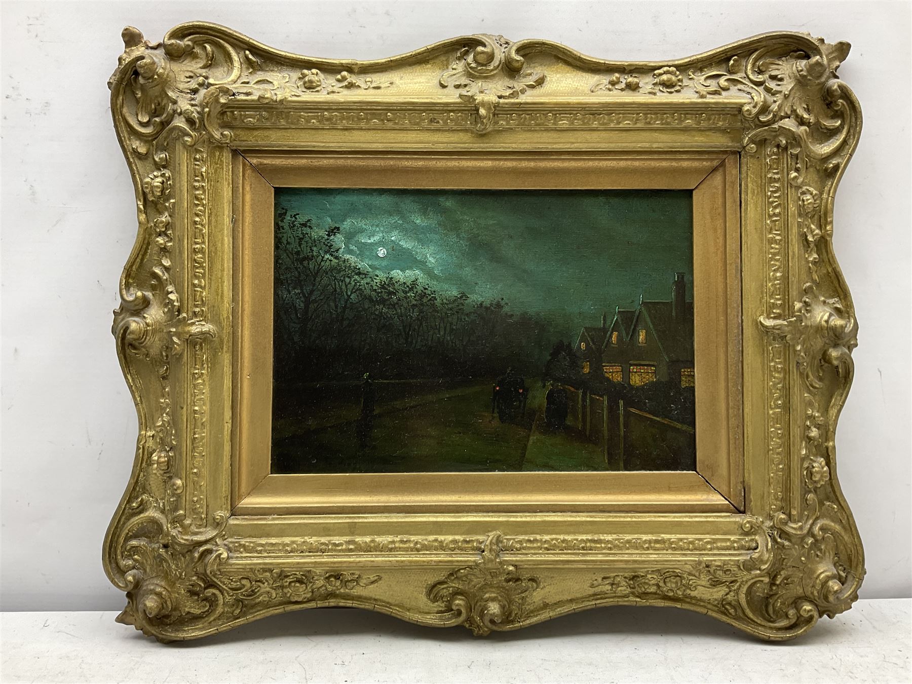 Wilfred Bosworth Jenkins (British 1857-1936): Moonlight Suburban Street, oil on panel signed 20cm x 30cm