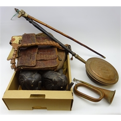  Two shooting bags, cartridge belt, crocodile skin satchel, copper warming pan, pair of hardwood models of elephants and a brass and copper bugle with silver-plated mouthpiece  
