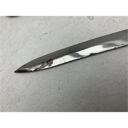 Reproduction American Civil War Cavalry trooper's sword, the 88cm slightly curving fullered steel blade marked to the ricasso 'Ames & Co Chicopee Mass.' and 'US ADK 1862'; brass hilt and leather covered grip; in steel scabbard L110cm overall;  and another reproduction sword (2)