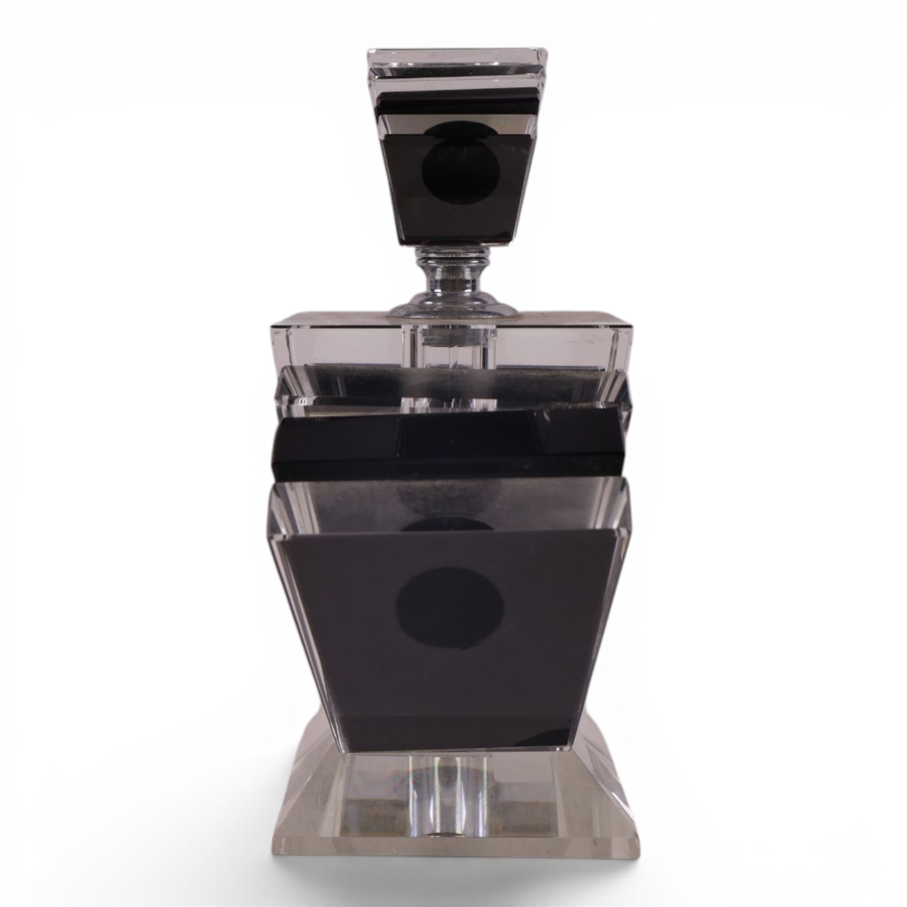 Art Deco style perfume bottle, of faceted form black and clear glass, H23cm