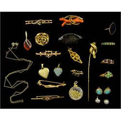 Collection of Victorian and later jewellery including five gold brooches, black onyx marquise shaped ring, garnet ring and two other rings, all 9ct, gold knot pin and an 18ct gold diamond flower brooch, gilt turquoise and seed pearl heart pendant, jet brooch and other costume jewellery