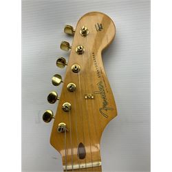 Fender Stratocaster 50th Anniversary 2004 metallic gold electric guitar; serial no.MZ4116369; L98cm; in Spider fitted case with owners manual and other paperwork, strap and belt buckle etc