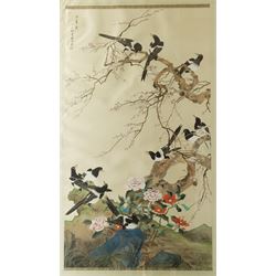 After Chen Zhifo (Chinese 1896-1962): Magpies on Cherry Blossom Tree with Peonies, gouache on silk signed with embroidered border 118cm x 65cm