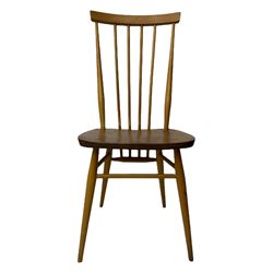Ercol - pair of mid-20th century highback 'Windsor' chairs, curved top rail over six vertical spindles and shaped seat, on tapering cylindrical supports with stretchers