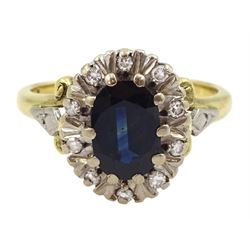 18ct gold oval cut sapphire and round brilliant cut diamond cluster ring, hallmarked