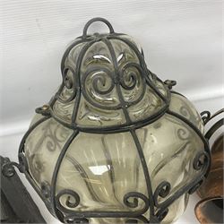 Pair of copper spotlights, together with glass porch light, and lantern  
