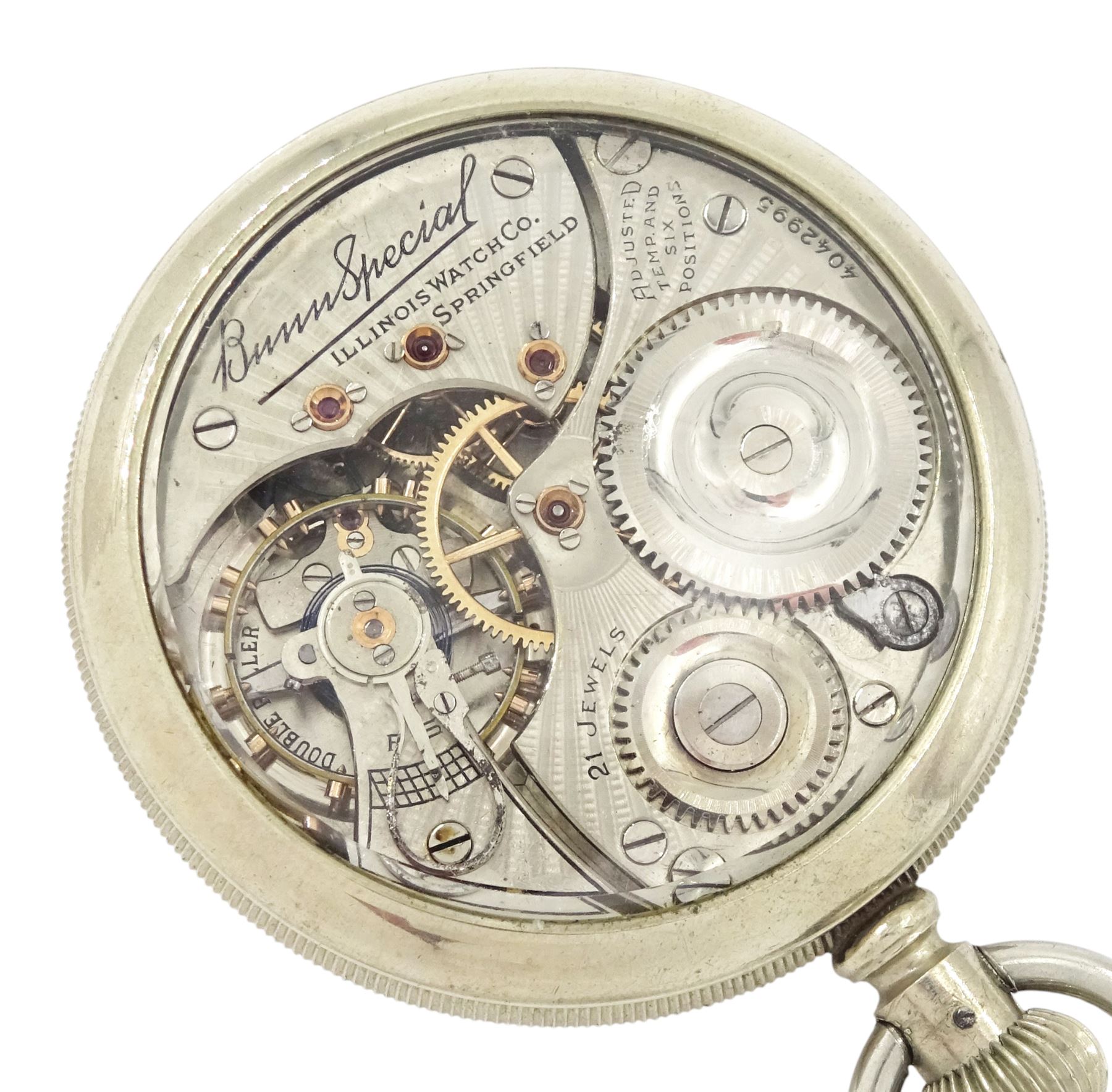 Early 20th century open face Bunn Special lever pocket watch by Illinois Watch Company, Springfield, No. 4042995, cream dial with Arabic numerals, subsidiary seconds dial and exhibition back case