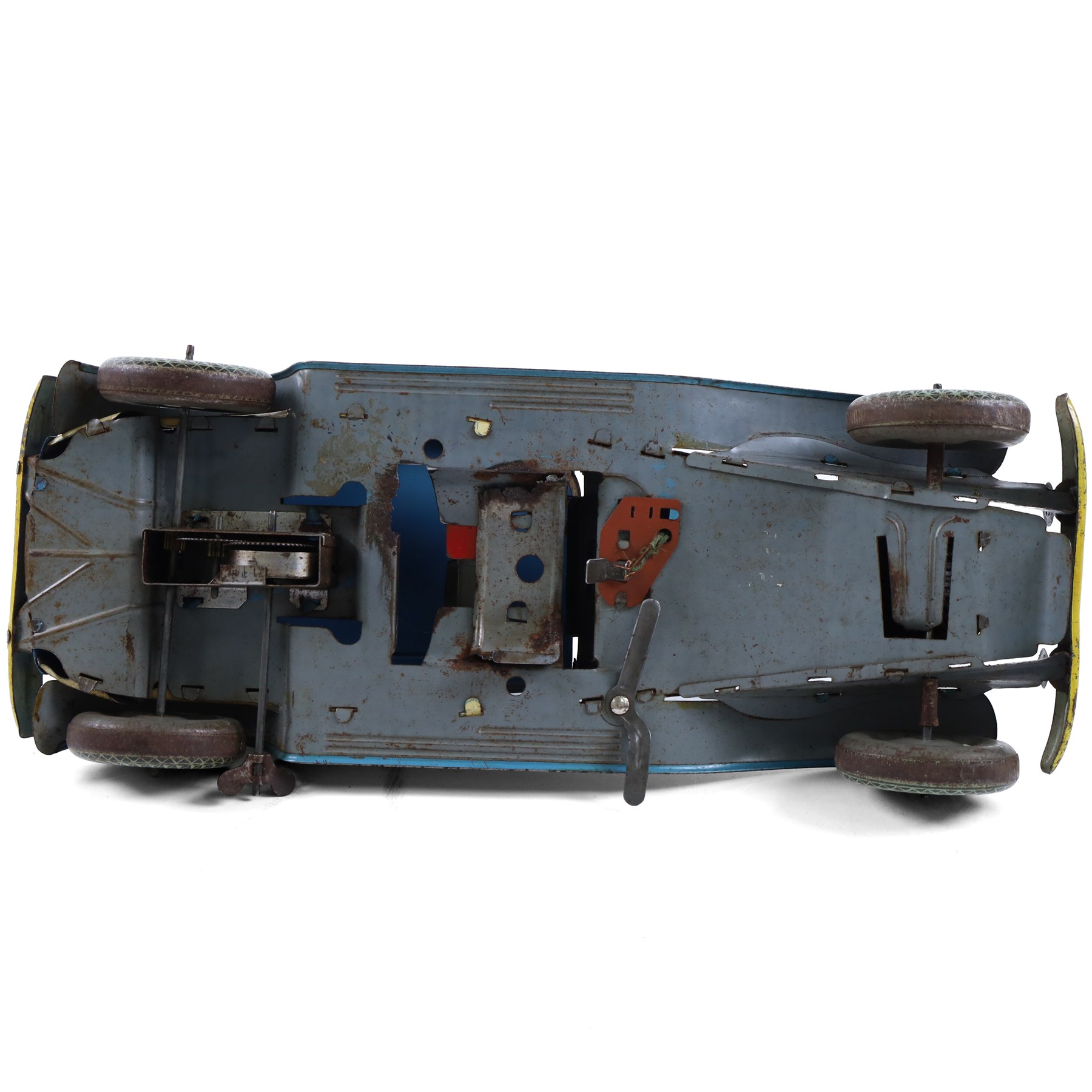 Mettoy large scale tinplate clockwork Rolls Royce, circa 1940, with cream body, blue roof and bonnet, red interior with driver, fixed key mechanism,  with electric headlights, H12cm, L35cm