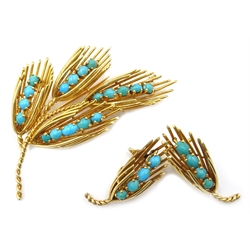  French turquoise set 18ct gold spray brooch, with matching clip on earrings, hallmarked  